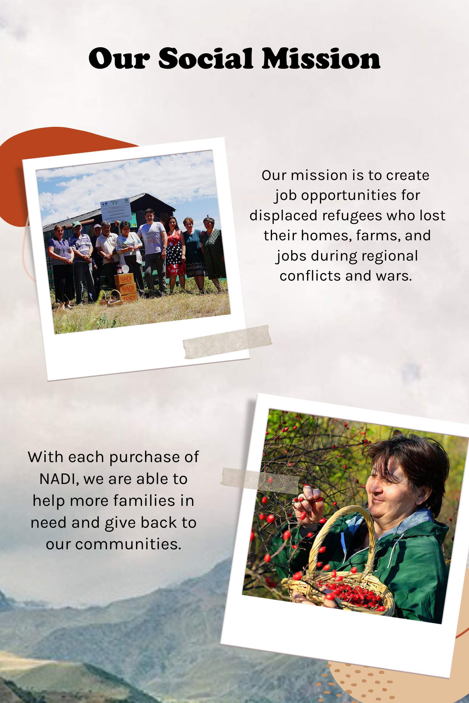 NADI's mission is to create jobs for displaced reugees who lost their homes, farms and jobs during regional conflicts of war.