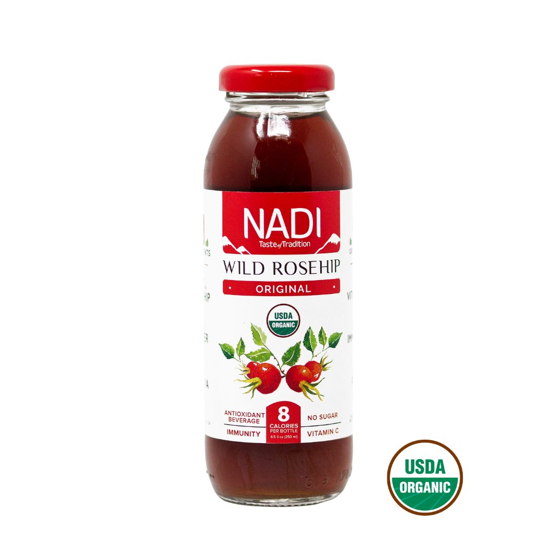 NADI Wild Rosehip Original bottle. NADI Original Rosehip Juice is a sugar free, low calorie immunity boosting drink with only 8 calories. 