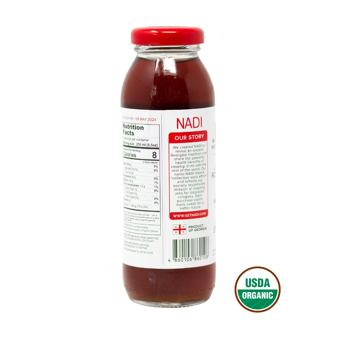 Our story side of the bottle-NADI Original Immunity Boosting Wild Rosehip Juice Beverage 