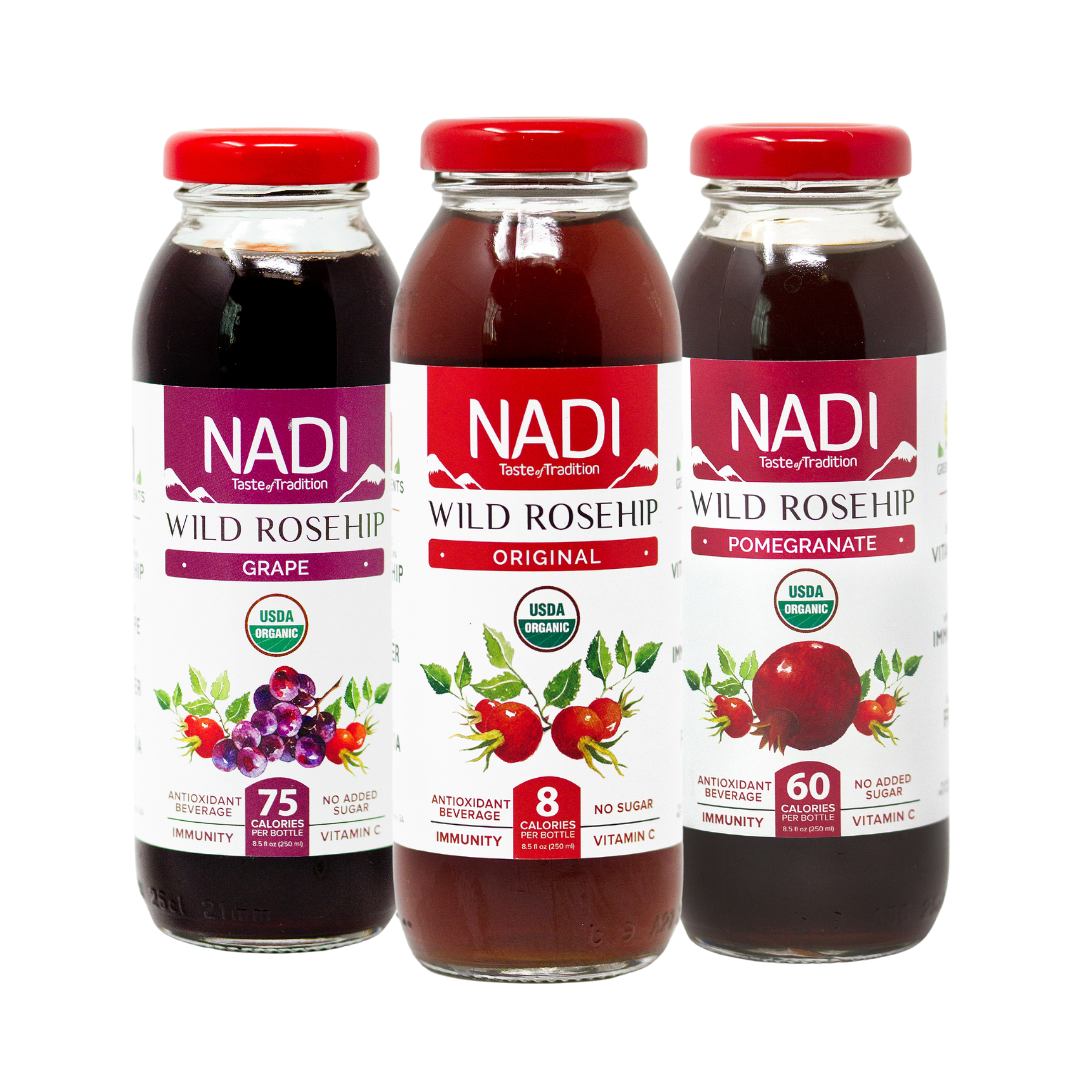 NADI Rosehip Grape, Rosehip Pomegranate and Original Rosehip Juices bottles. Organic, rich in antioxidants, natural vitamin C, potassium, Vitamin B, and other nutrients.
