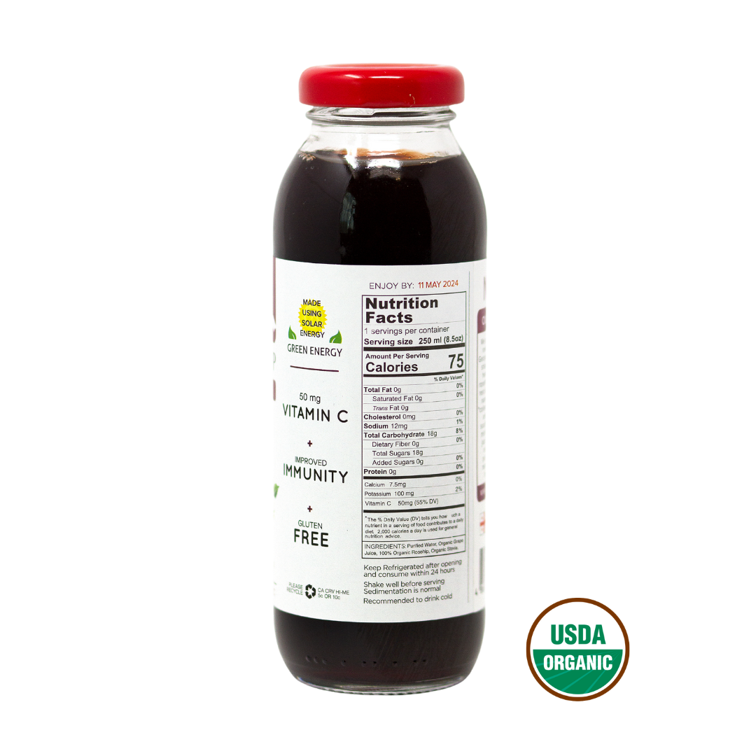 Nutritional Facts-NADI Grape Rosehip Juice. Vitamin C. No Sugar. Low calories