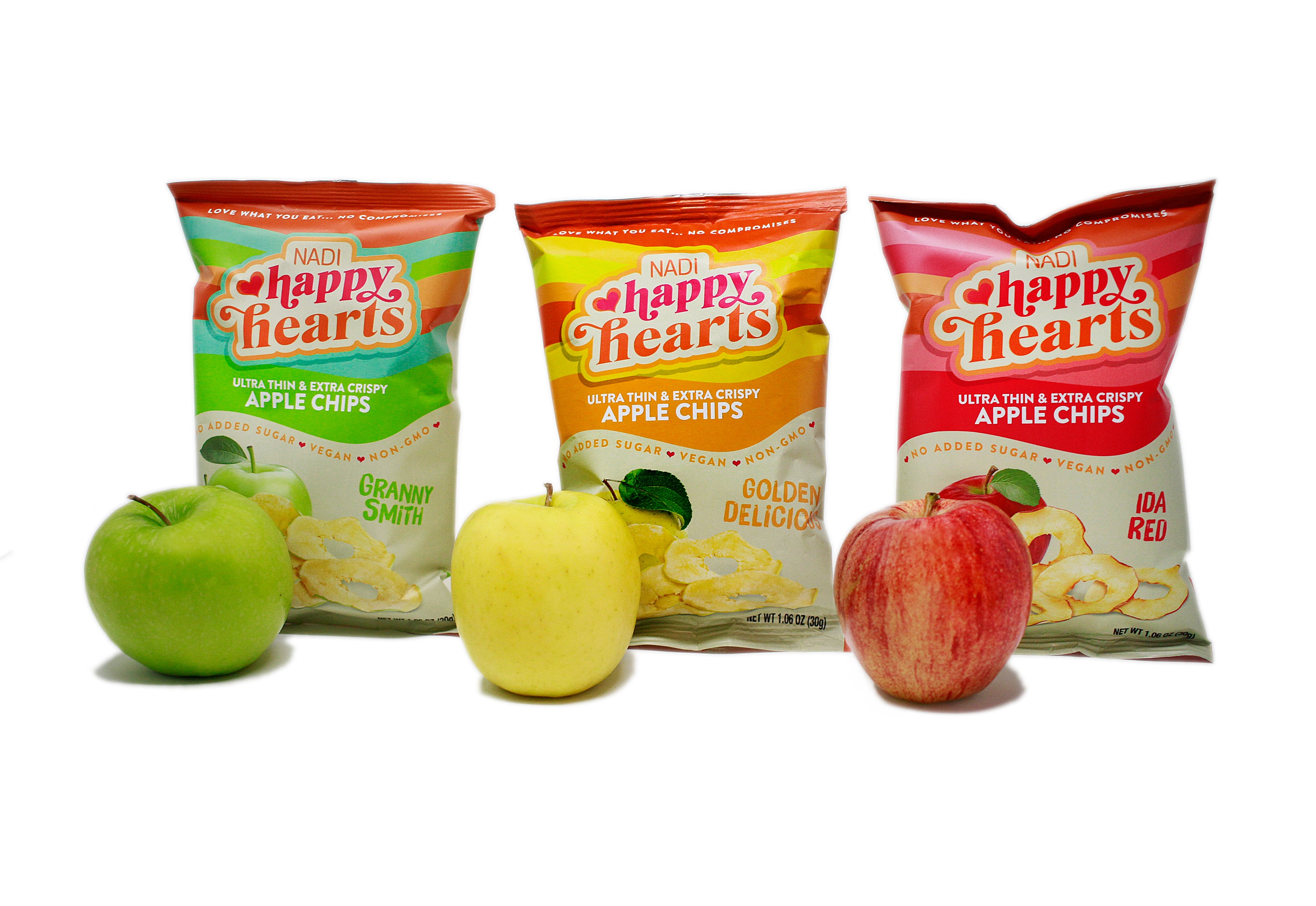 3 bags of Happy Hearts No added sugar Apple Chips, Golden Delicious, Ida Red and Granny Smith