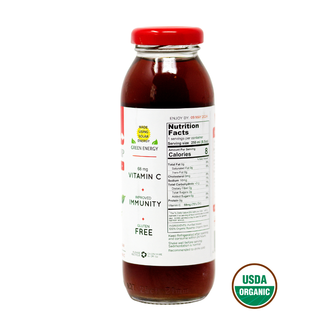 Nutritional facts side of the bottle-NADI Original Wild Rosehip Juice Beverage rich in antioxidants  