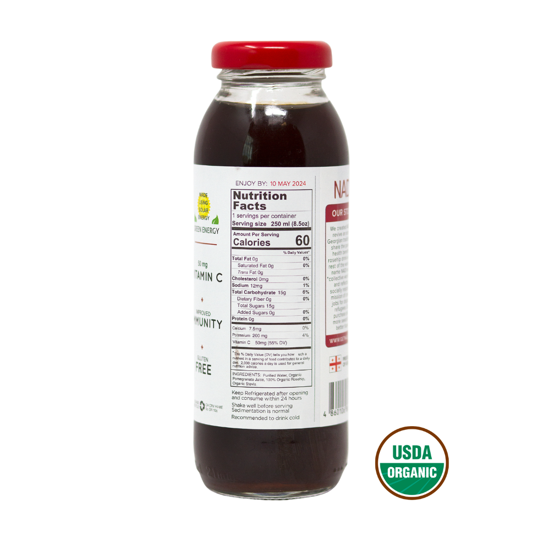 Nutritional Facts side of Organic Rosehip with Pomegranate bottle 