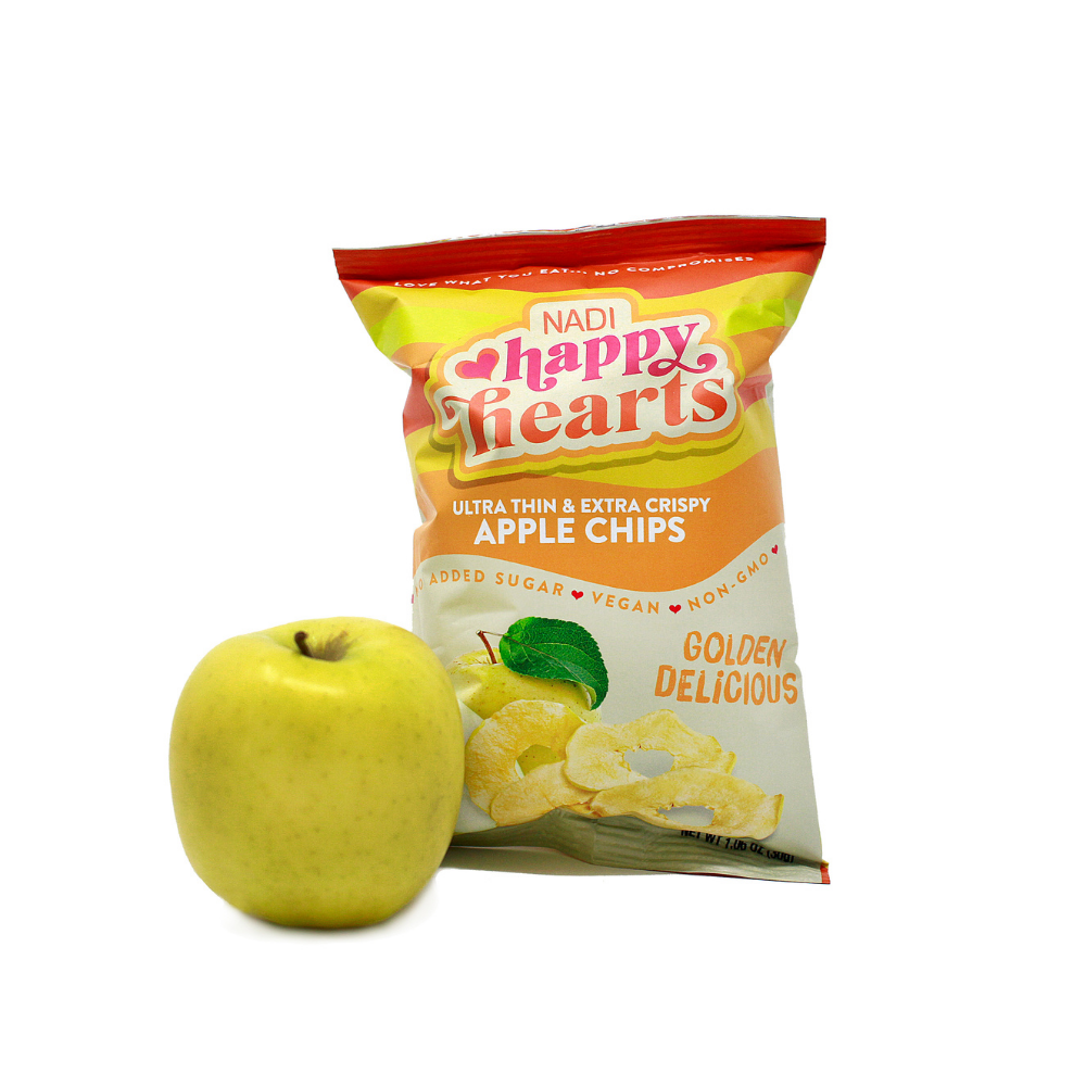 Bag of Happy Hearts vegan one-ingredient Apple Chips with Golden Delicious Apple