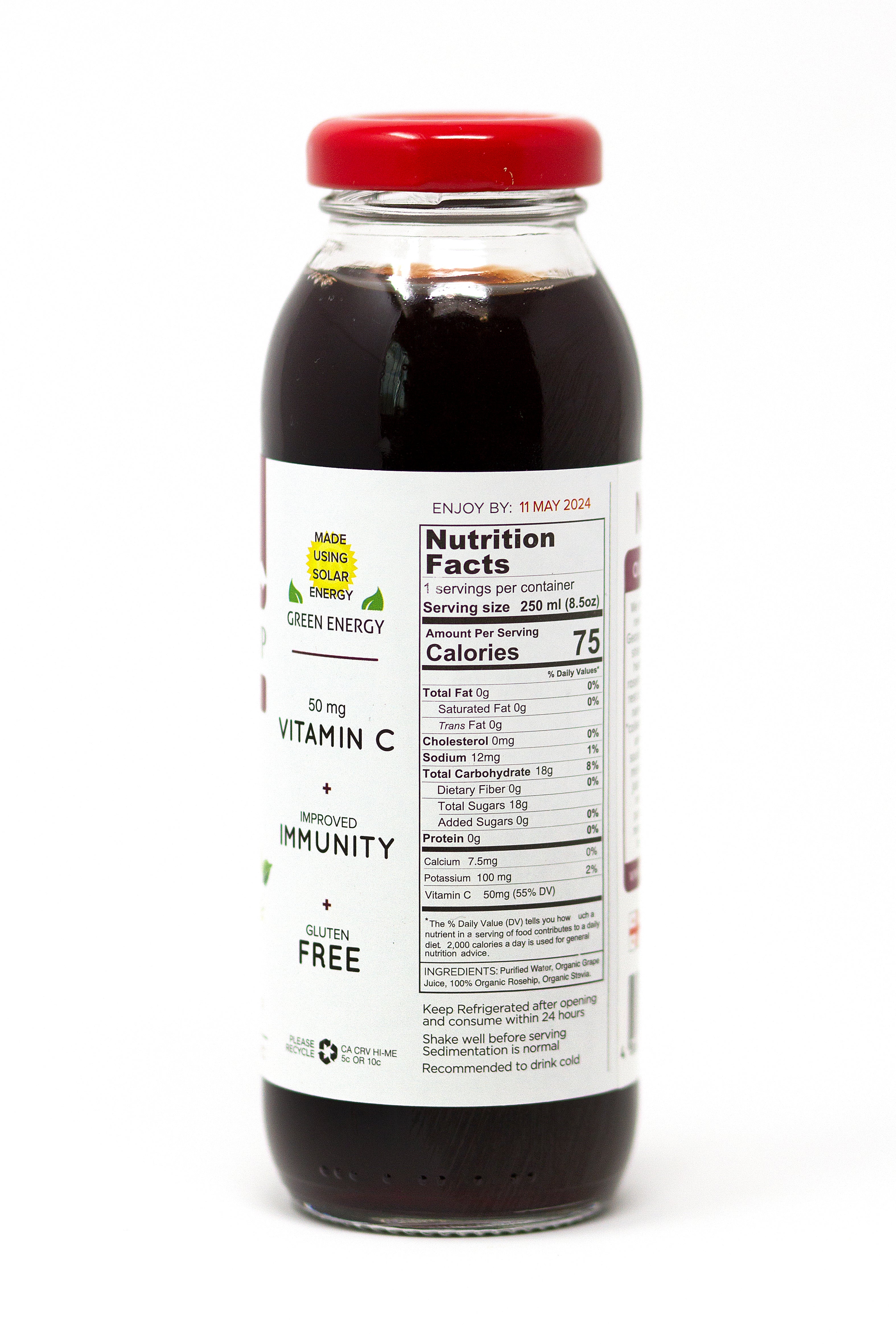 Nutritional Facts side of Organic Rosehip with Grape bottle 