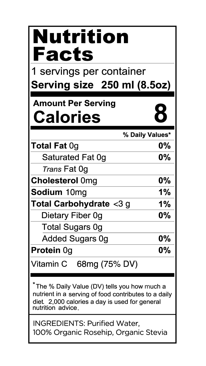 Nutritional Facts-NADI Origiganl Rosehip Juice. Vitamin C. No Sugar. Low calories