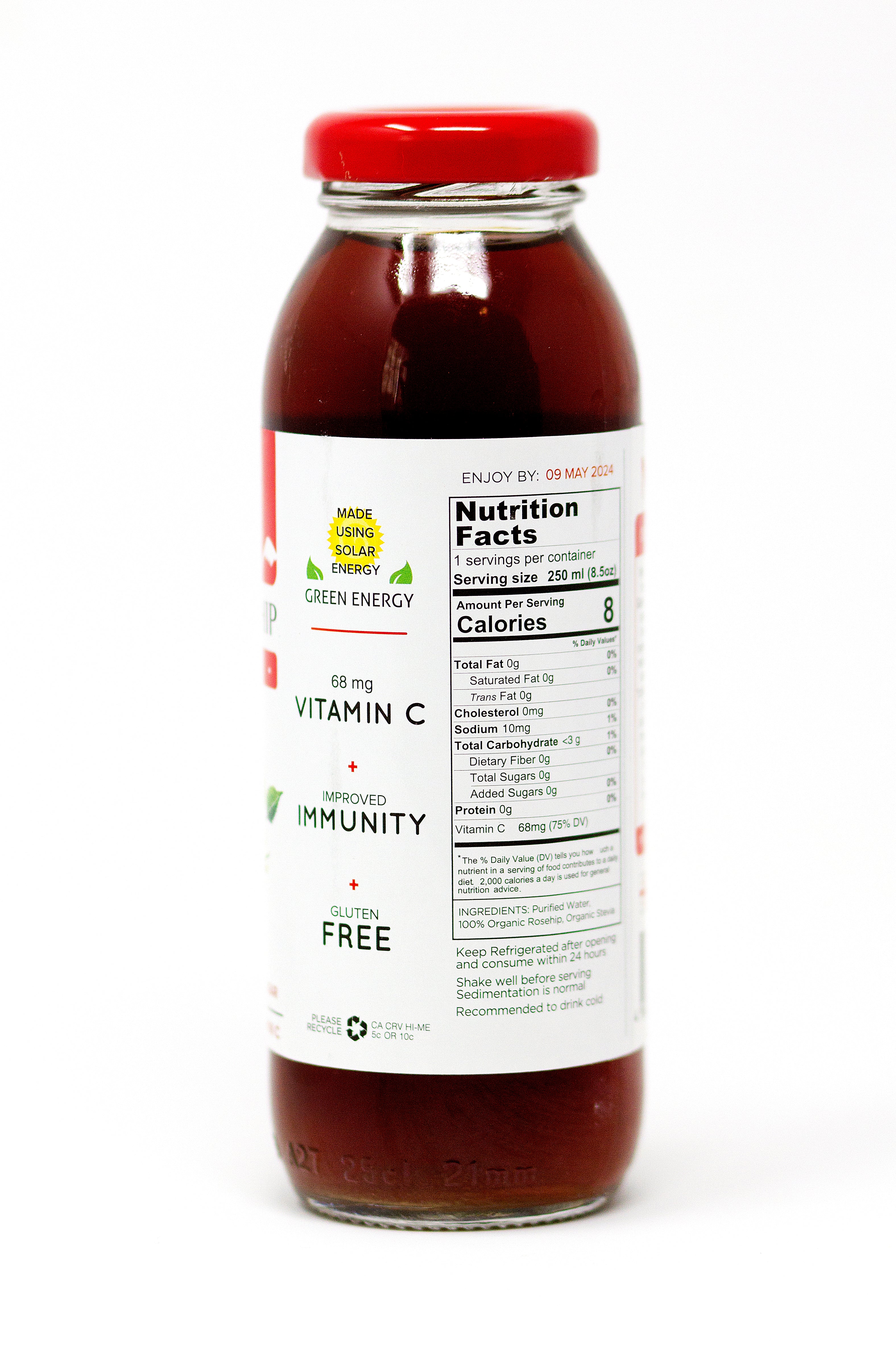 Nutritional Facts side of Organic Rosehip Juice Drink bottle 