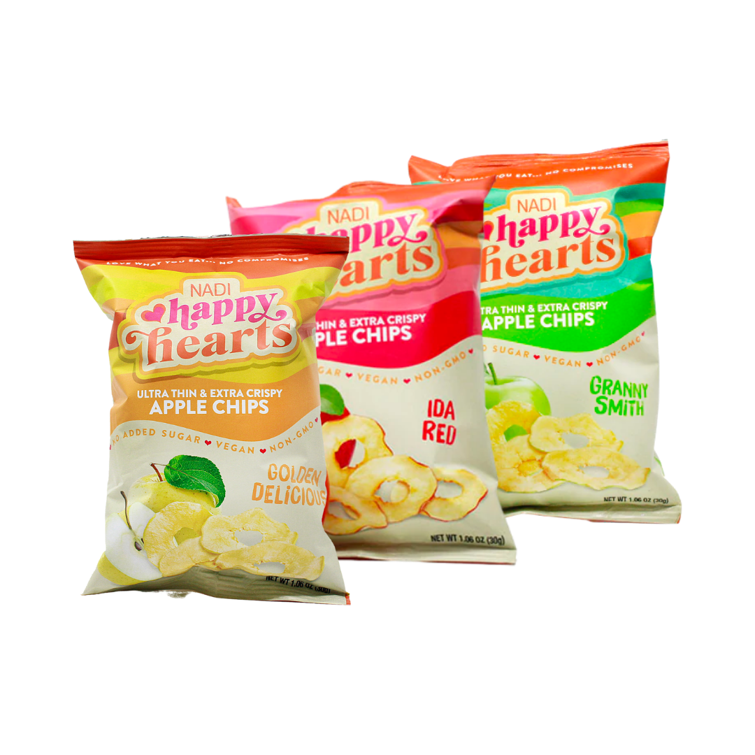 3 bags of Happy Hearts Ultra thin and Crispy Apple Chips, Golden Delicious, Ida Red and Granny Smith