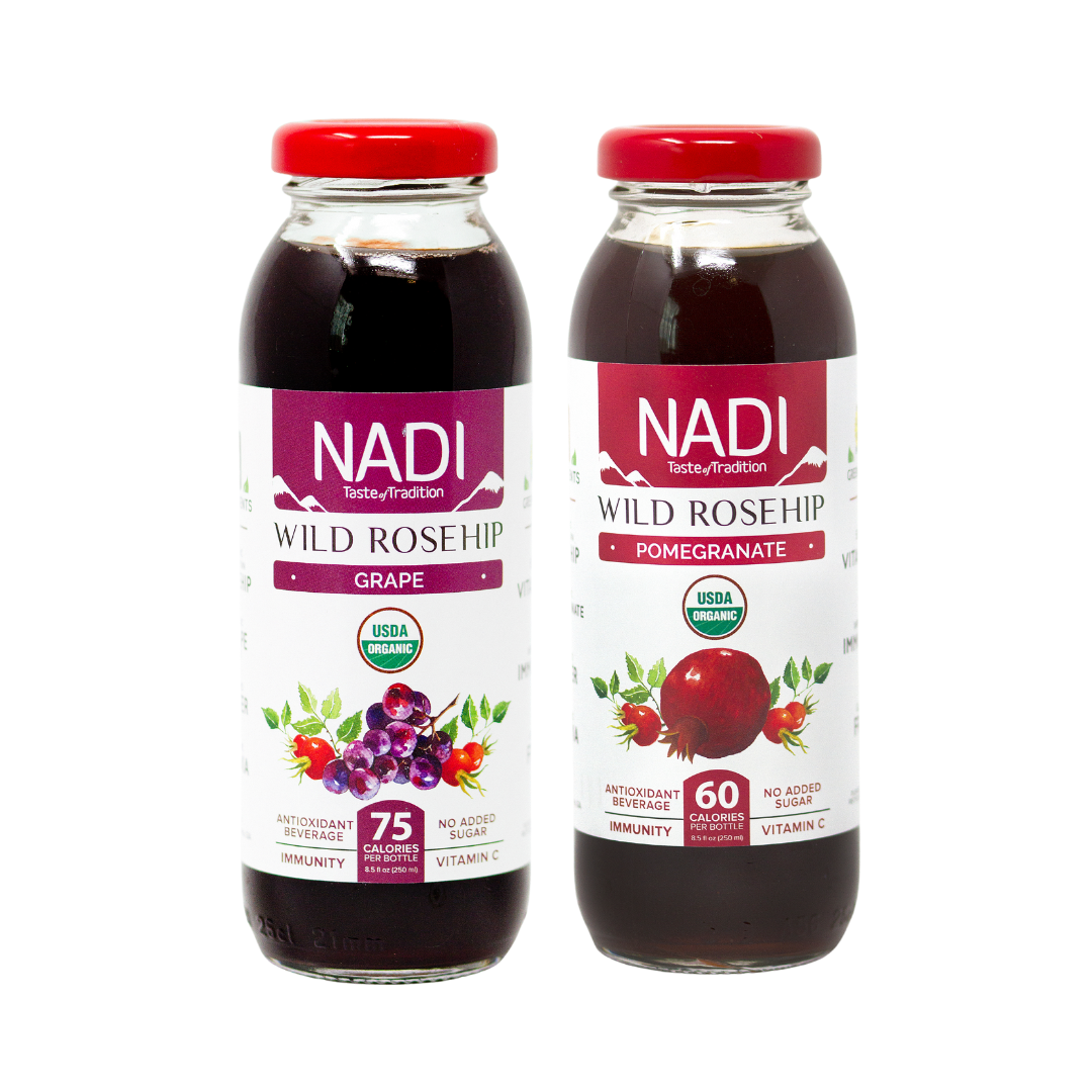 NADI Wild Rosehip Pomegranate & Wild Rosehip Grape Immunity Booster Juice Drink Bottles 