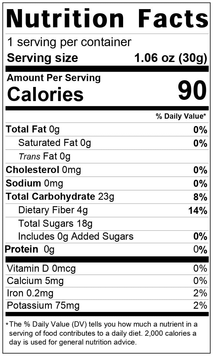 Nutritional Facts-Happy Hearts Golden Delicious Apple Chips. No added sugars. Fat Free. 
